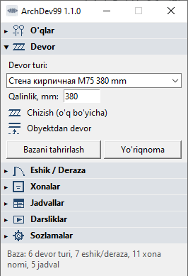 ArchDev99 paneli Open CAD Studio oynasi yonida: devor, eshik, deraza, o'q va jadval tugmalari